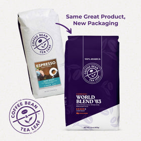 The Coffee Bean & Tea Leaf World Blend 63 ground coffee bag, versatile for espresso or drip brewing.