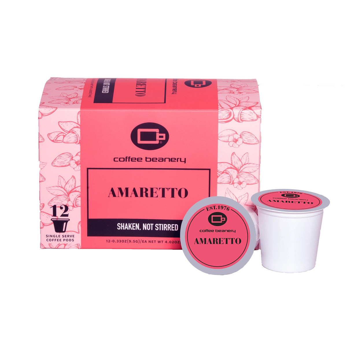 Coffee Beanery Amaretto single serve pod on a brewer, rich almond aroma ready to brew