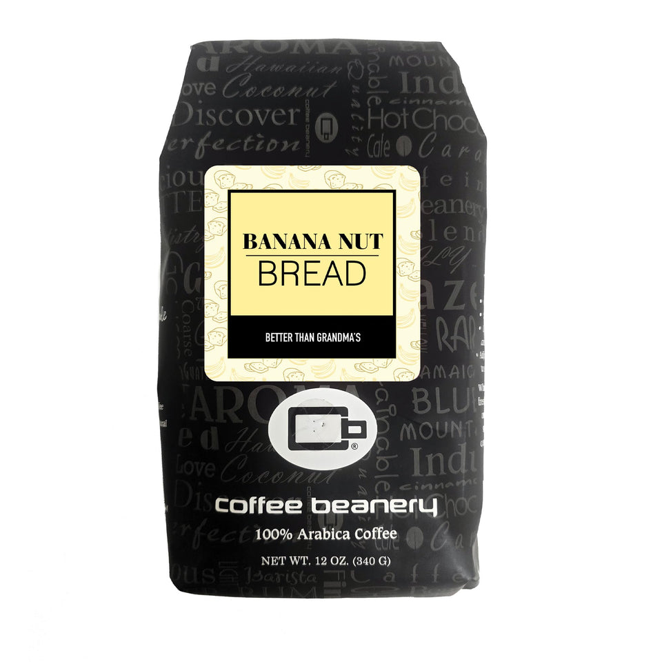 Coffee Beanery Banana Nut Bread ground coffee bag ready for home brewing aroma.