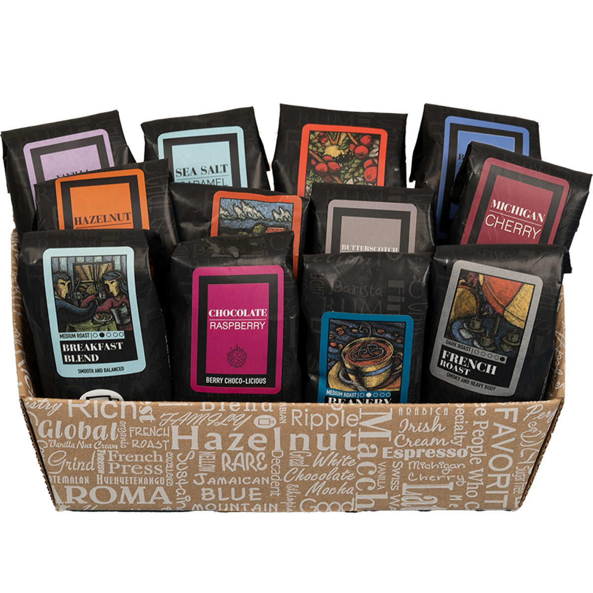 Coffee Beanery Indulgent Selection Gift Box with 12 sampler packs for gifting and tasting.