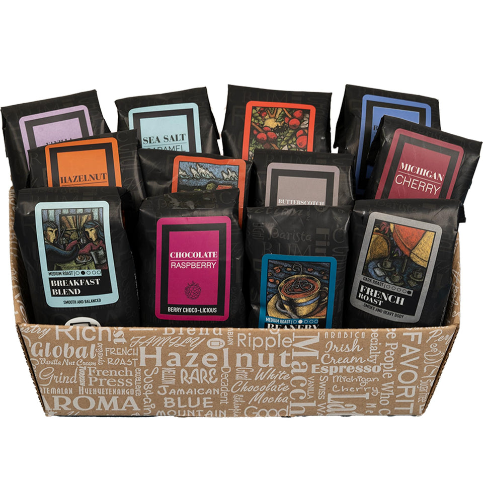 Coffee Beanery Indulgent Selection Gift Box with 12 sampler packs for gifting and tasting.