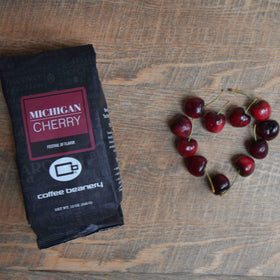 Coffee Beanery Michigan Cherry bag label closeup highlighting sourcing and roast.