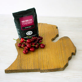 Coffee Beanery Michigan Cherry label closeup highlighting specialty quality