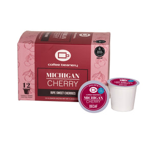 Coffee Beanery Michigan Cherry Decaf Pods packaging shows quick, flavorful mornings