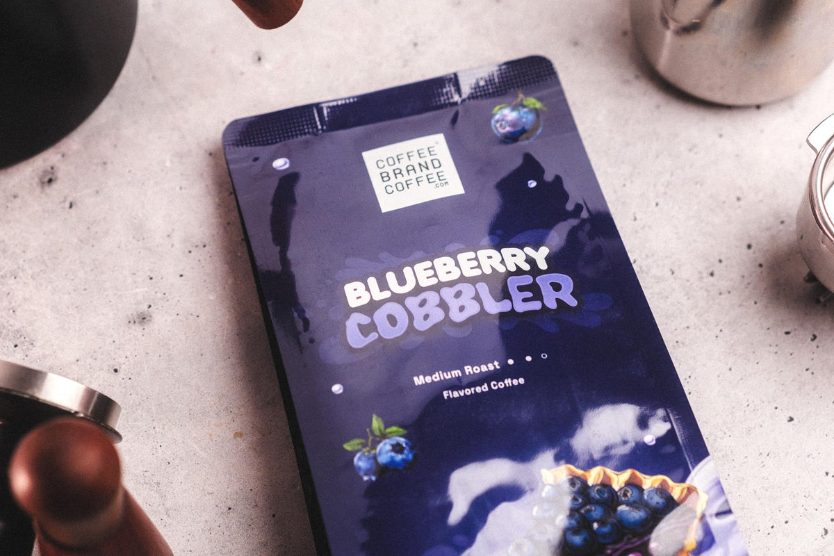 Coffee Brand Coffee Blueberry Cobbler label showcases gourmet indulgence
