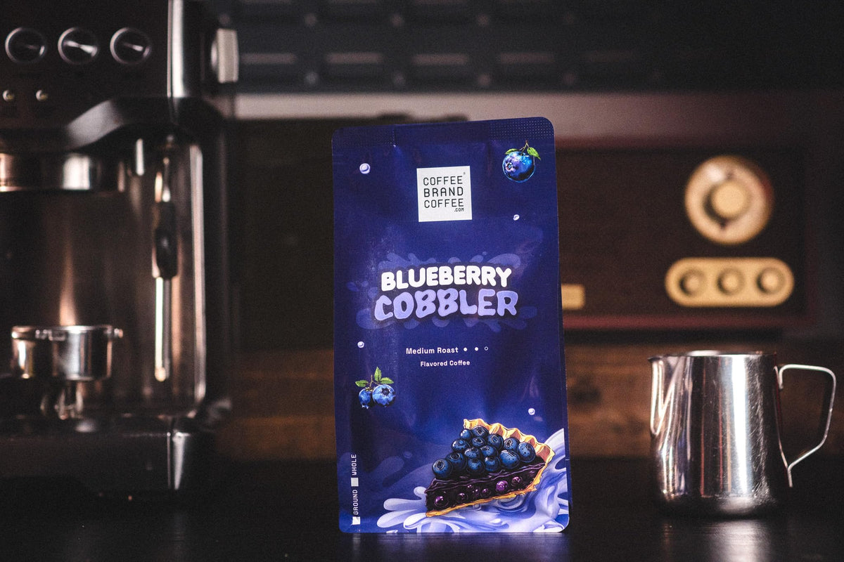 Coffee Brand Coffee Blueberry Cobbler pour steam implies rich, indulgent brew