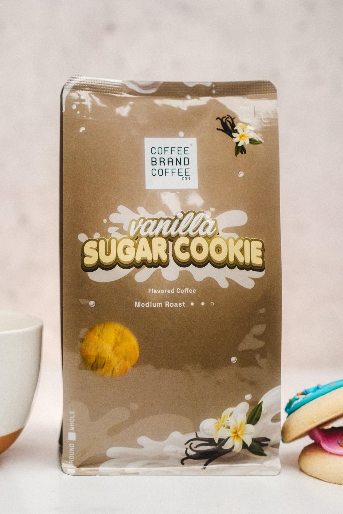 Coffee Brand Coffee vanilla sugar cookie bag showing premium blend