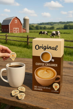 Office desk setup highlights portable creamer for on-the-go coffee.