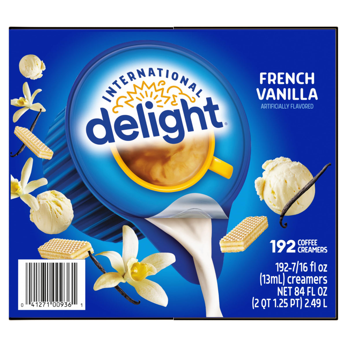 Coffee cup with International Delight French Vanilla creamer for a creamy sip.