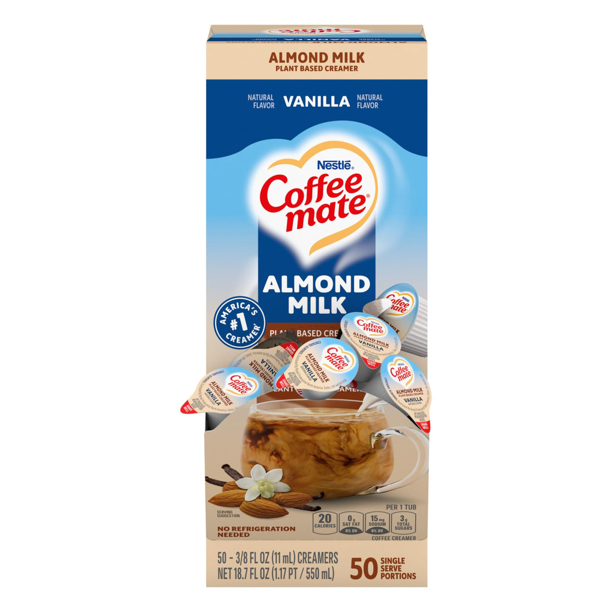 Coffee Mate almond milk vanilla liquid creamer single-serve tub for daily coffee.