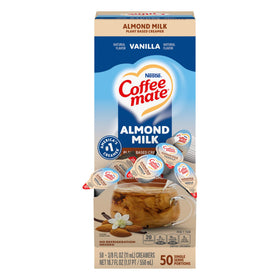 Coffee Mate almond milk vanilla liquid creamer single-serve tub for daily coffee.