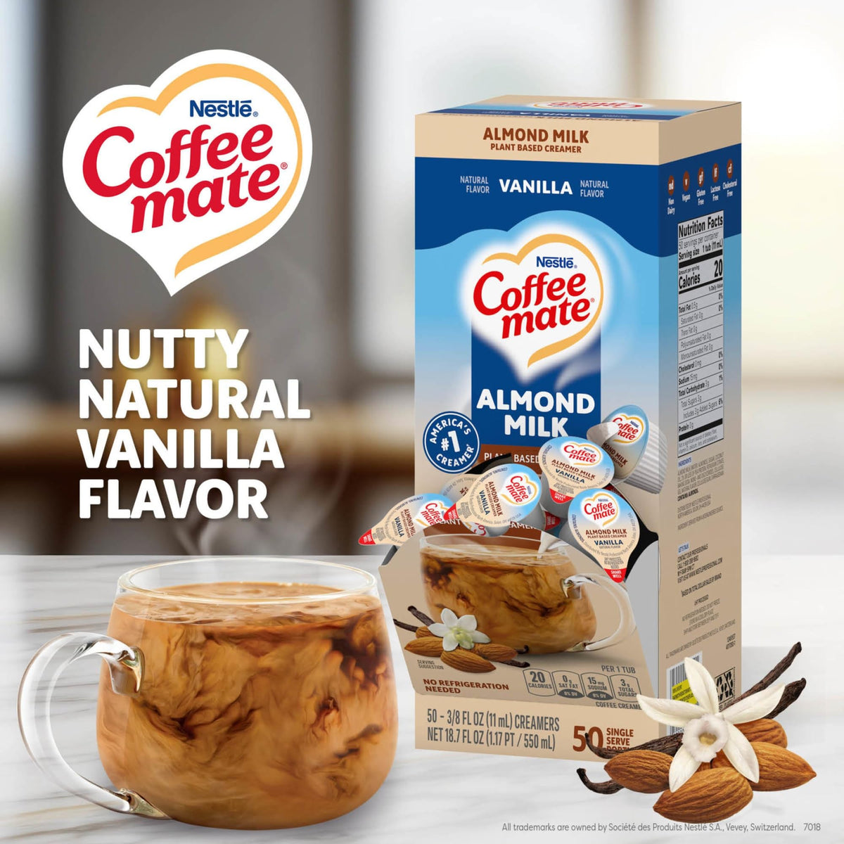 Coffee Mate almond milk vanilla creamer in to-go packaging for office coffee.