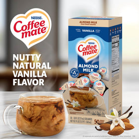 Coffee Mate almond milk vanilla creamer in to-go packaging for office coffee.