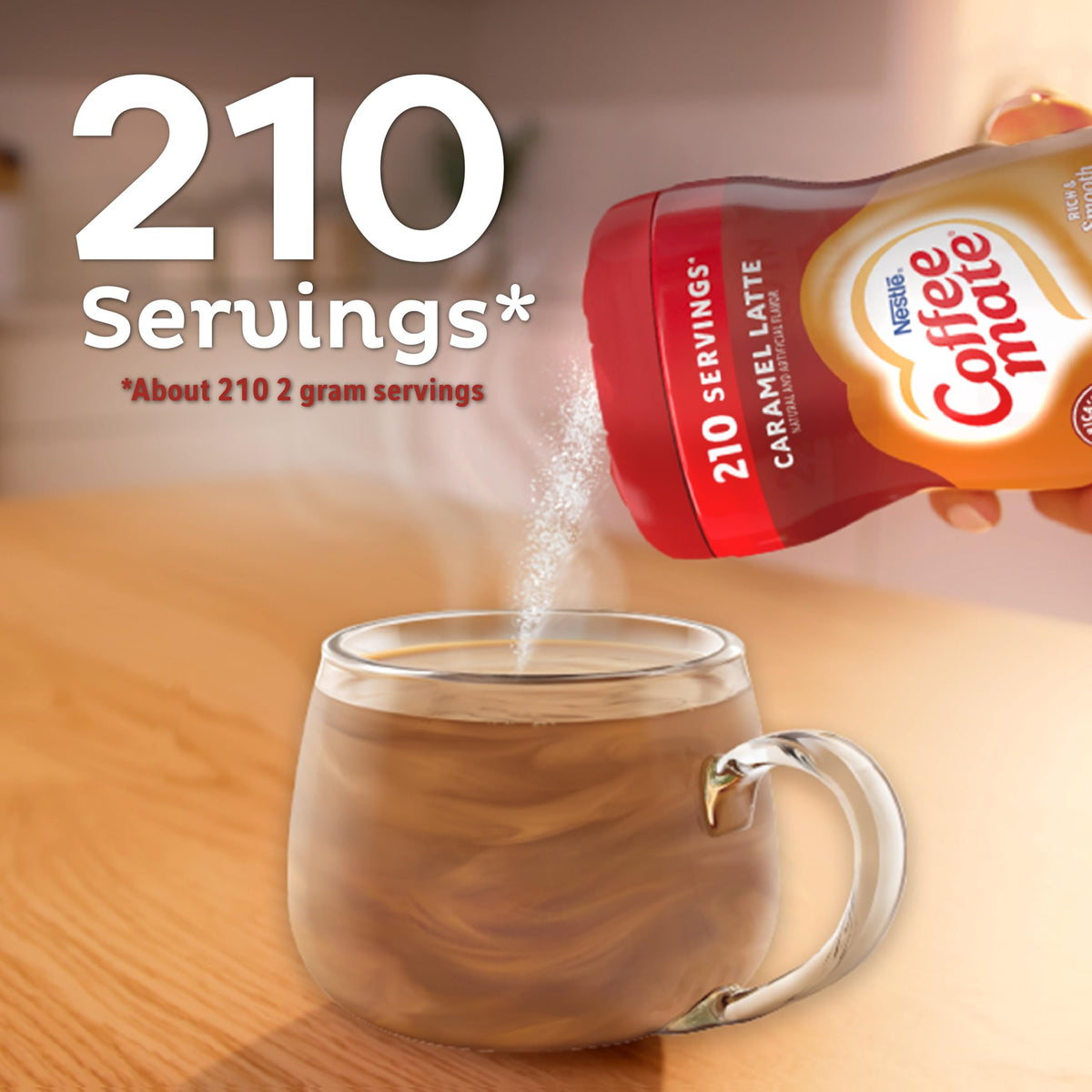 Cholesterol-free, non-dairy Coffee Mate Cafe Collection Caramel Macchiato in use.