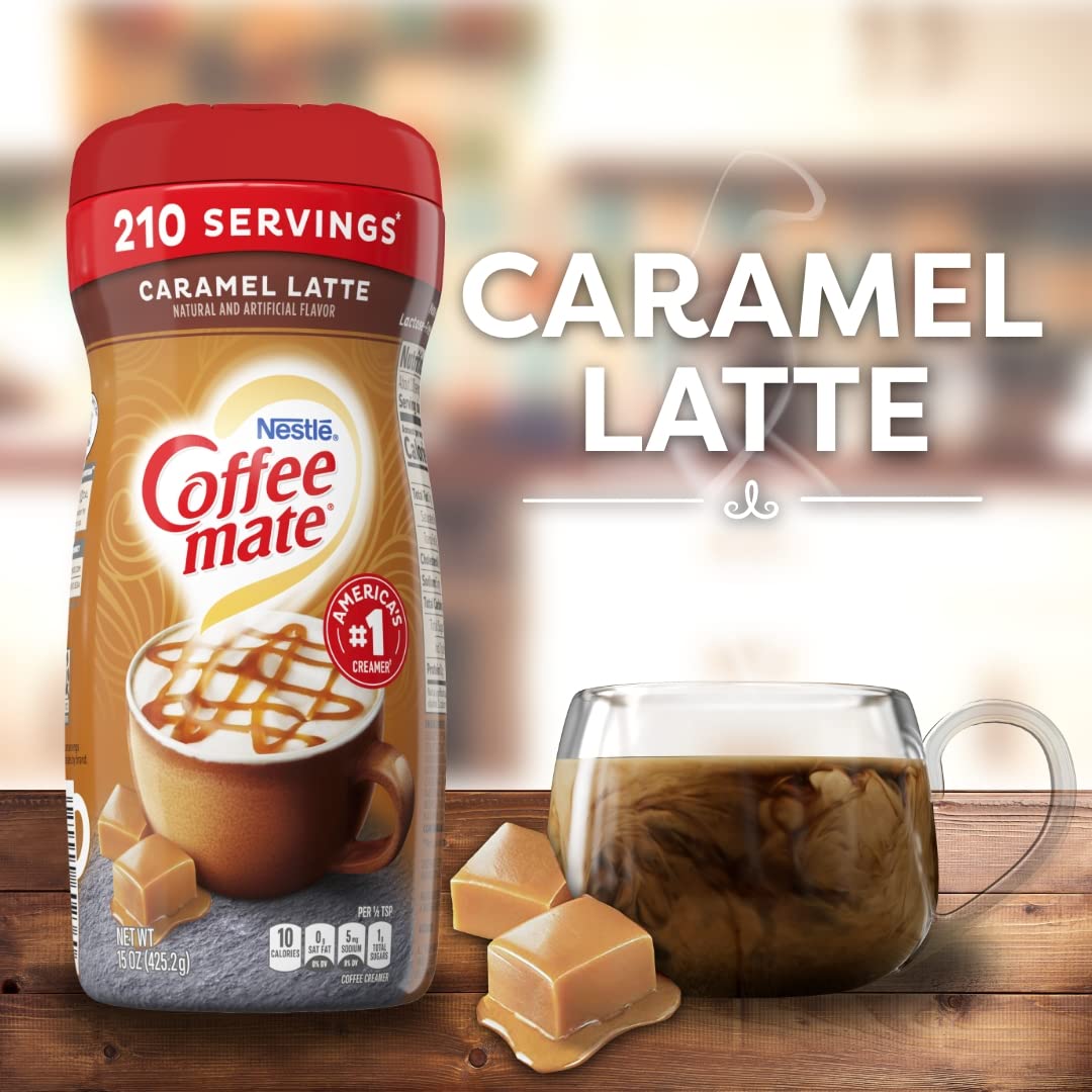 Close-up of Coffee Mate Cafe Collection Caramel Macchiato bottle and label details.