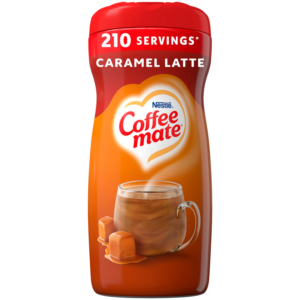 Coffee Mate Cafe Collection Caramel Macchiato pack shows six dairy-free creamers for rich mornings.