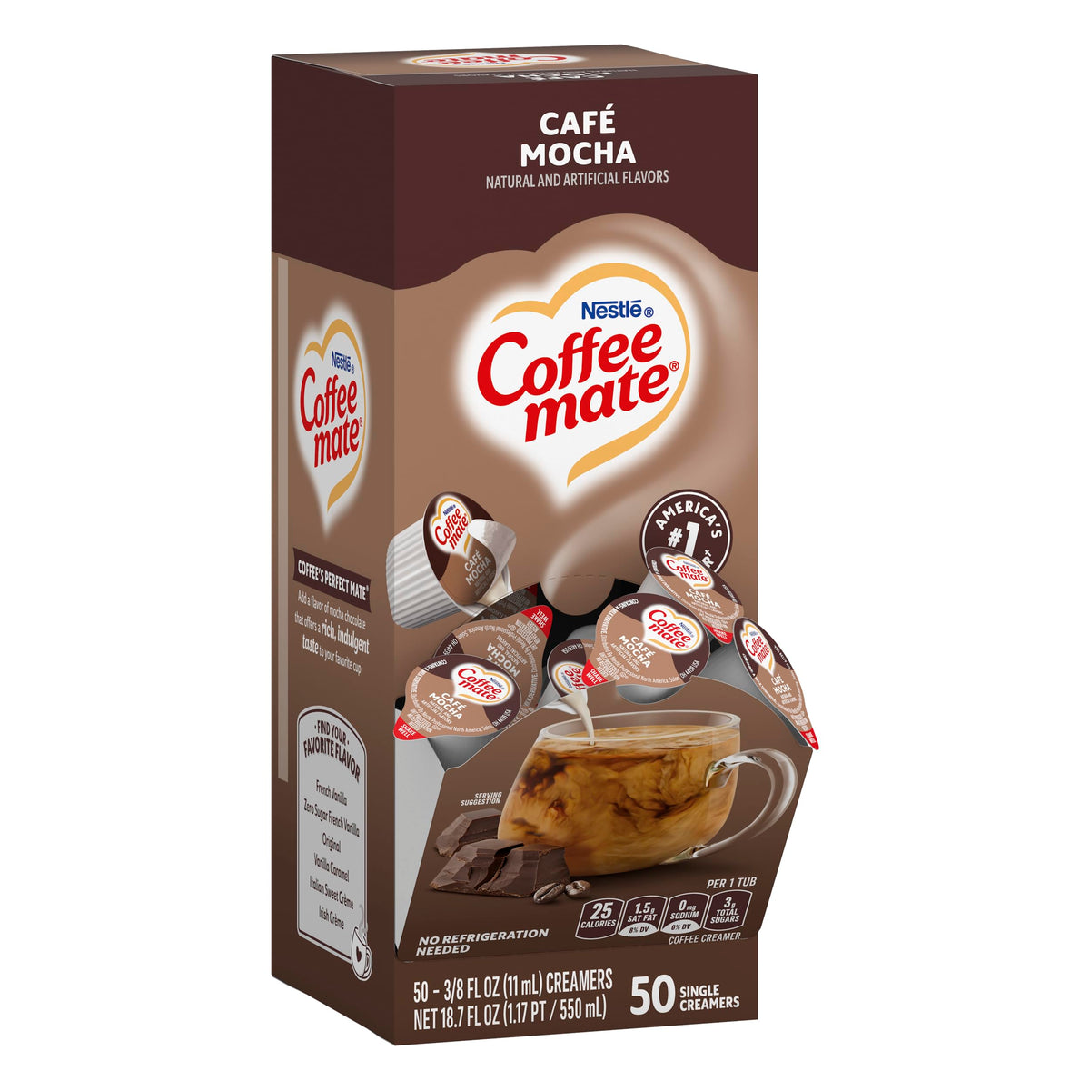 Coffee Mate Café Mocha creamer dissolving quickly in hot beverage.