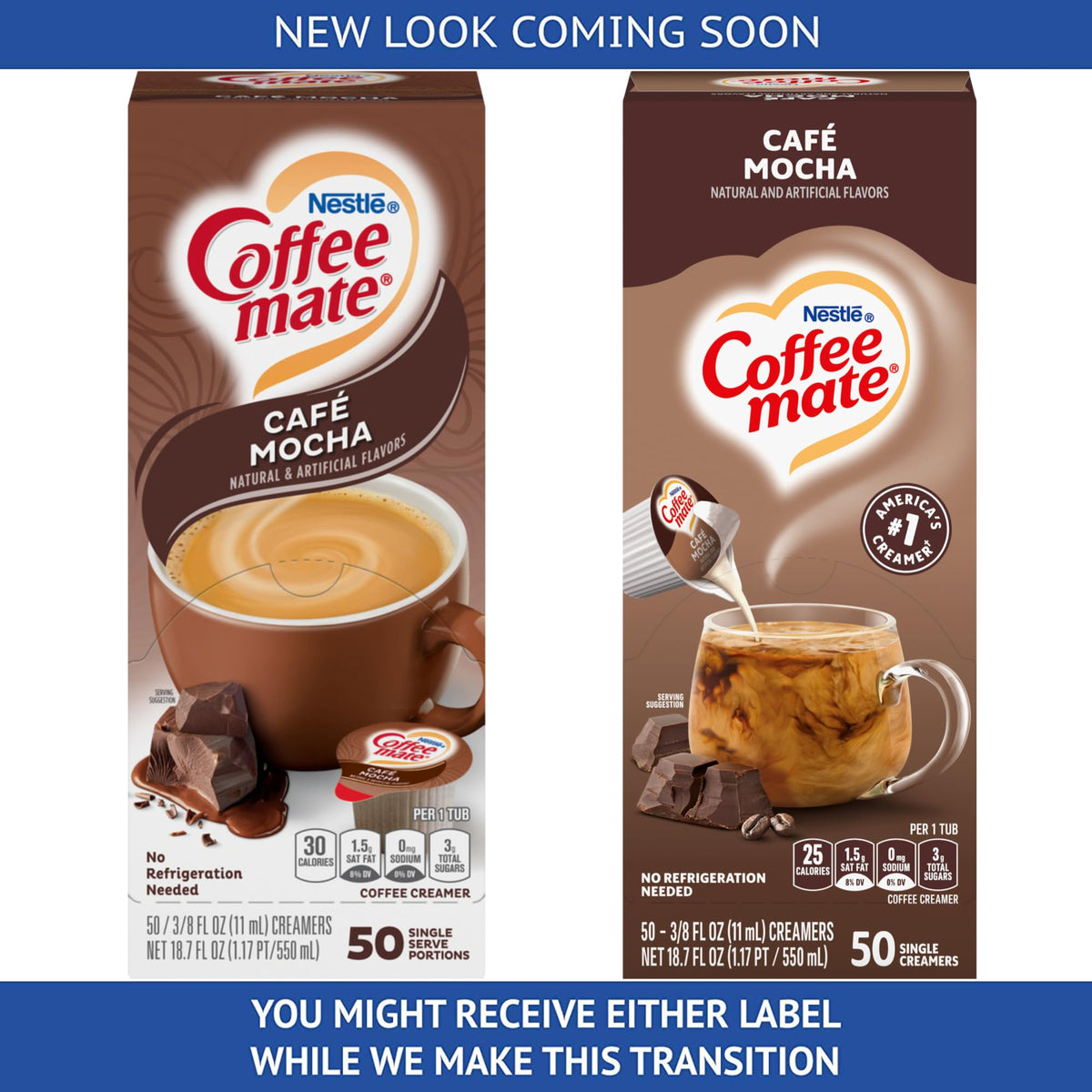 Coffee Mate Café Mocha creamer being poured into coffee for richer flavor.