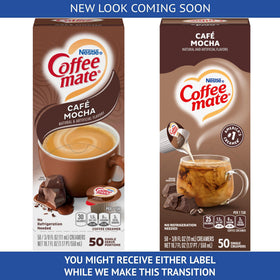 Coffee Mate Café Mocha creamer being poured into coffee for richer flavor.