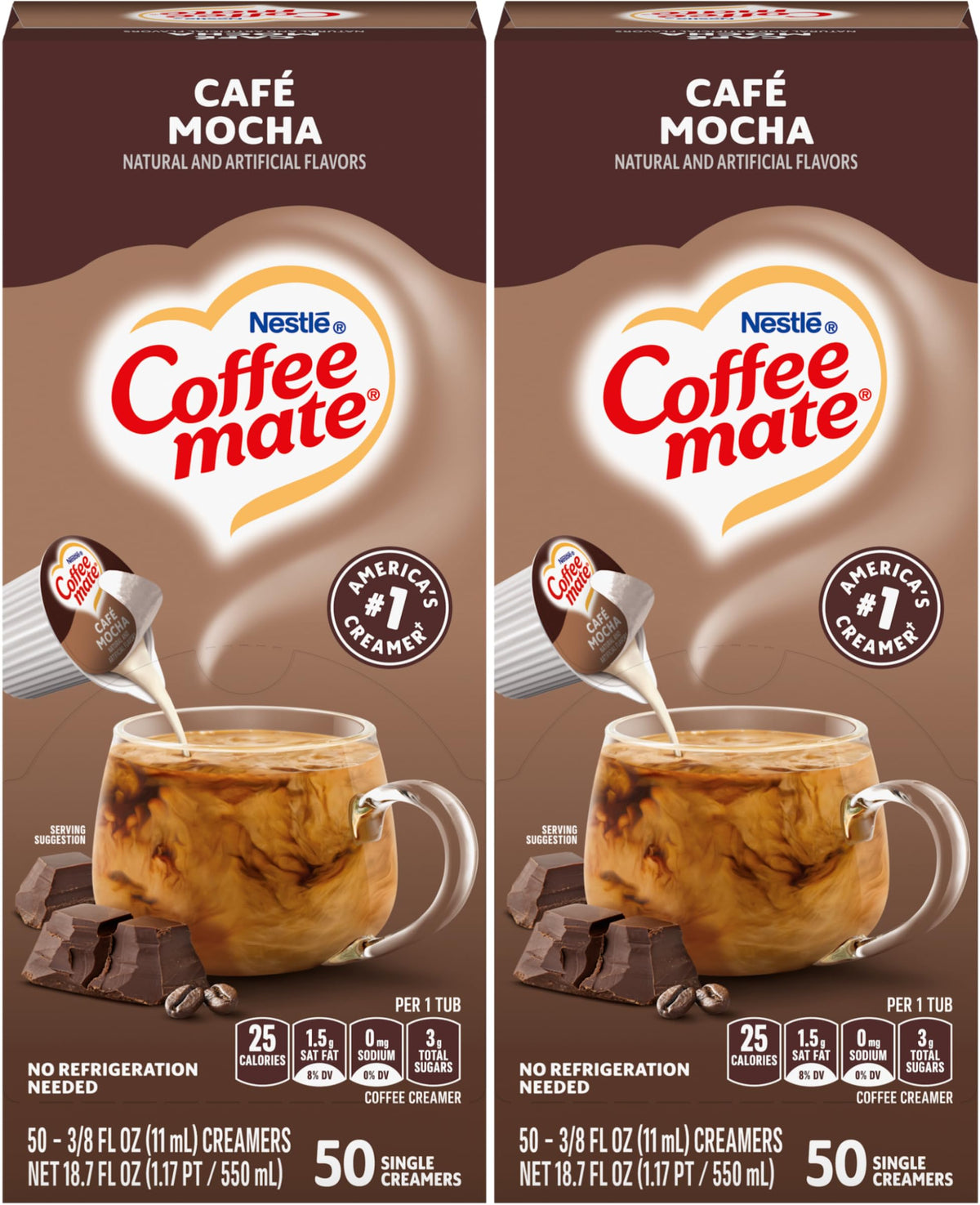 Coffee Mate Café Mocha liquid creamer singles in a 50-count box for easy mornings.