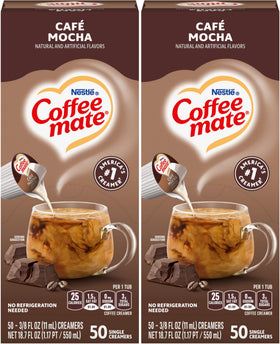 Coffee Mate Café Mocha liquid creamer singles in a 50-count box for easy mornings.
