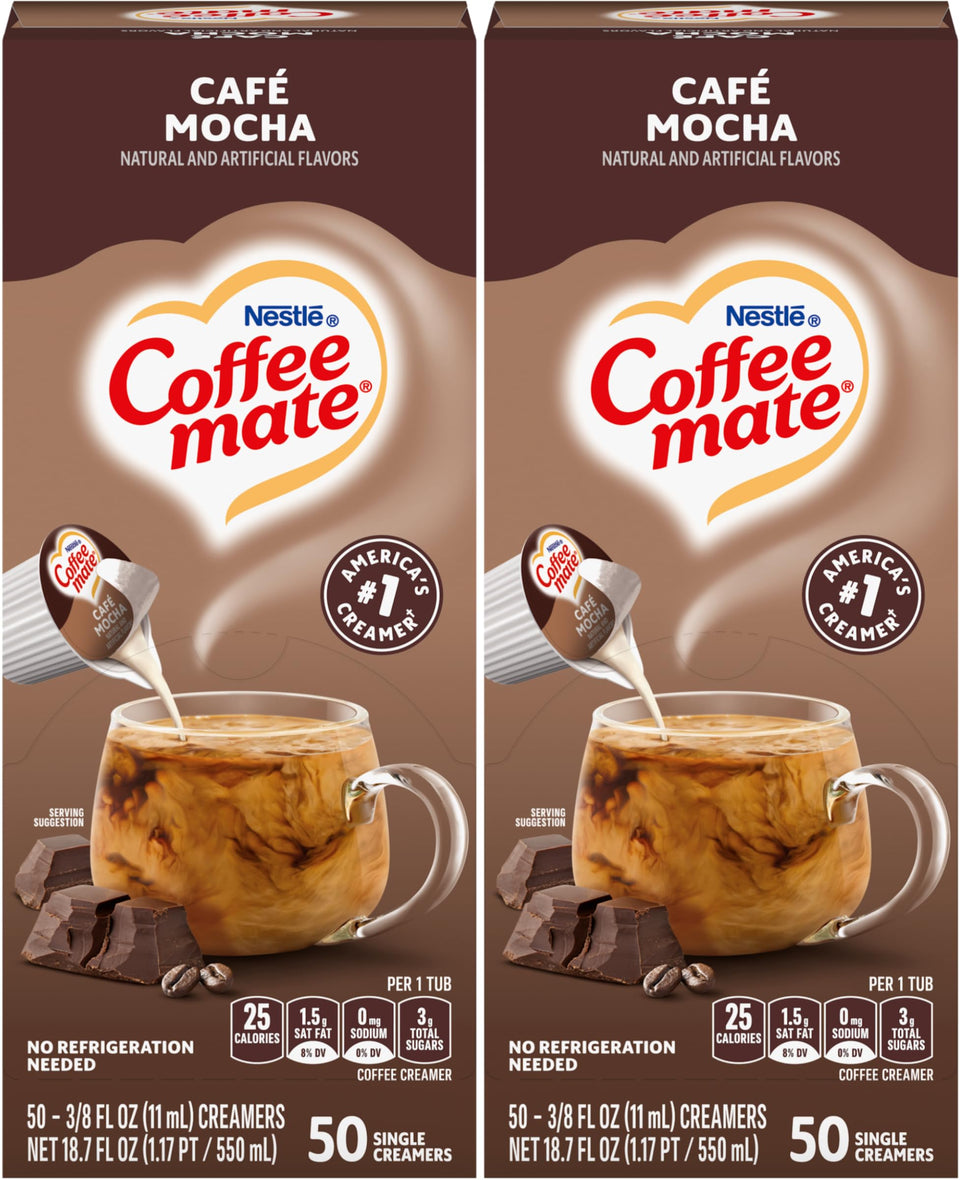 Coffee Mate Café Mocha liquid creamer singles in a 50-count box for easy mornings.