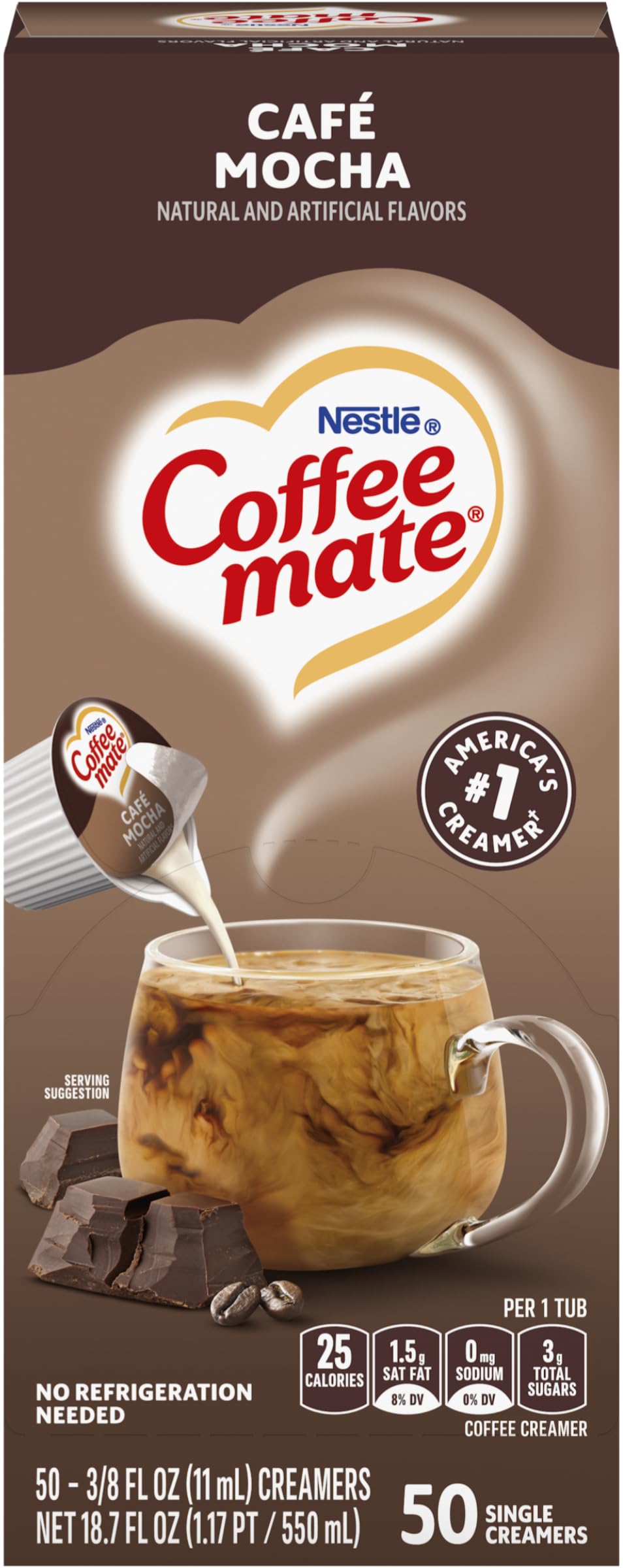 Coffee mate Café Mocha liquid creamer singles box on counter for easy office breaks