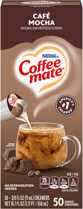 Coffee mate Café Mocha liquid creamer singles box on counter for easy office breaks