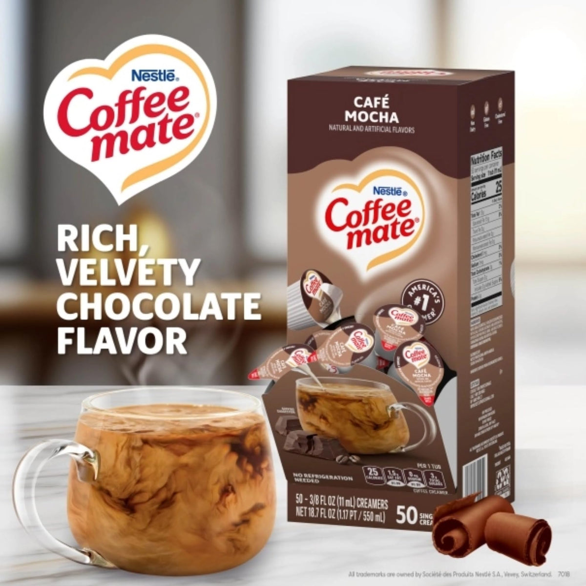 Coffee mate Café Mocha no-refrigeration creamer suitable for breakrooms and offices