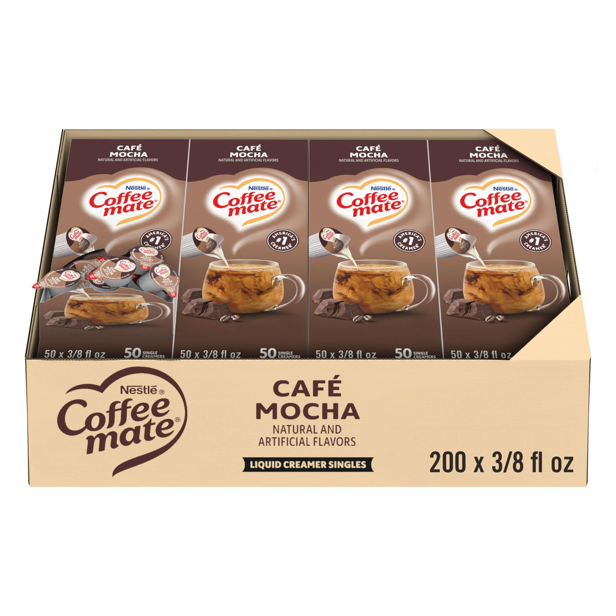 Coffee Mate Café Mocha singles in dispensing box offer tidy, convenient office coffee service