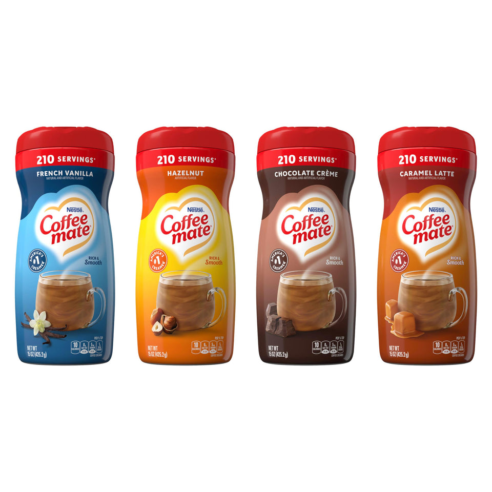 Coffee Mate Chocolate Crème bottle being poured; creamy indulgence to elevate your morning coffee.