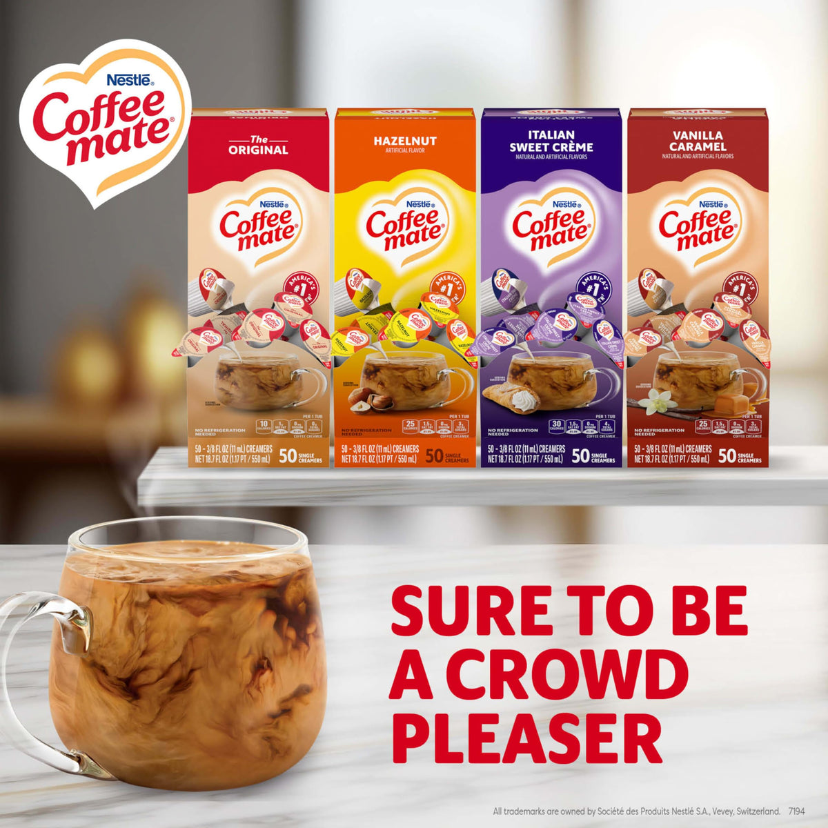 Coffee Mate Hazelnut Creamer Singles pack highlights nutty flavor for daily coffees.