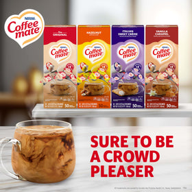 Coffee Mate Hazelnut Creamer Singles pack highlights nutty flavor for daily coffees.