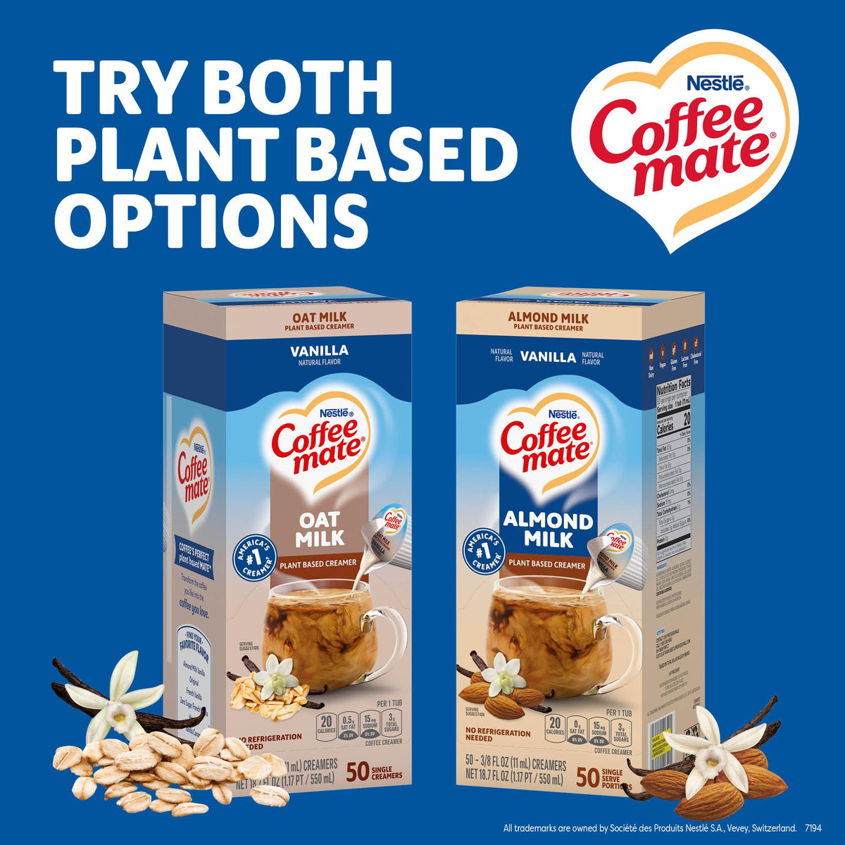 Coffee Mate Dairy-free creamer in travel-friendly packaging on a desk.