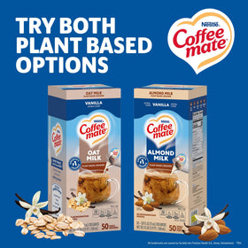 Coffee Mate Dairy-free creamer in travel-friendly packaging on a desk.