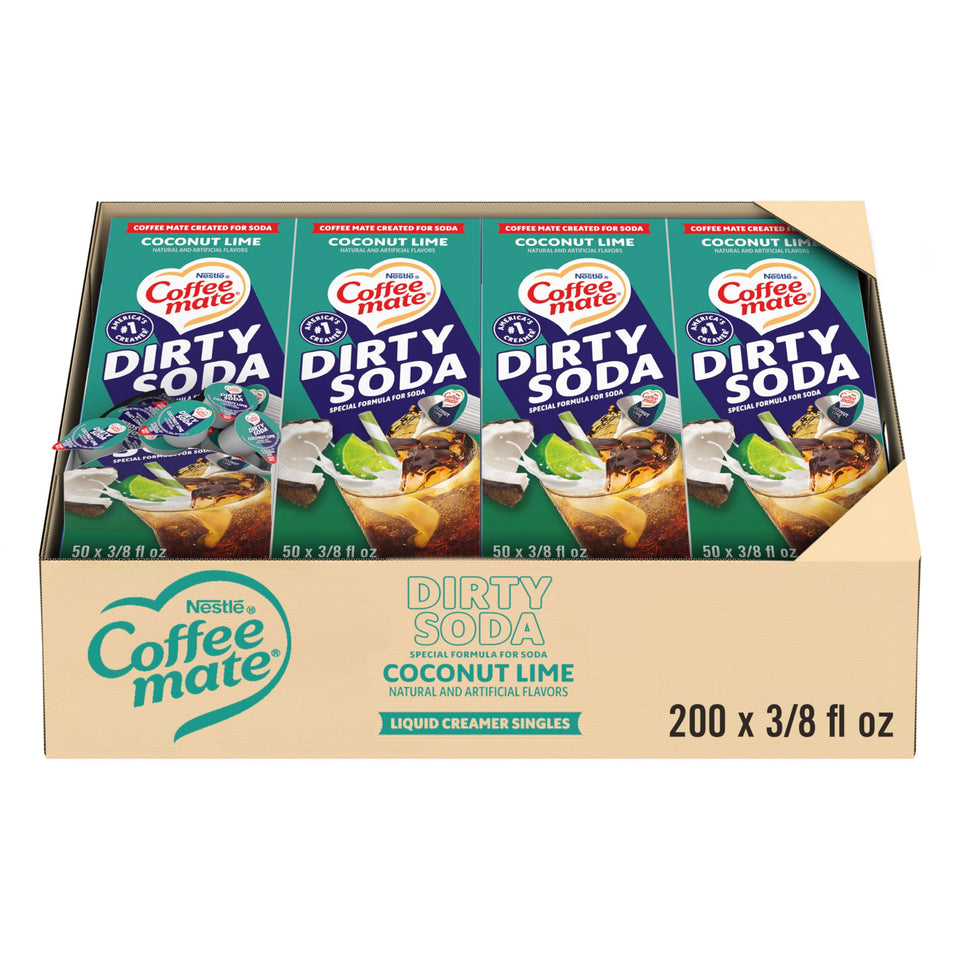 Coffee mate Dirty Soda Coconut Lime single-serve creamer bottle pour enhances soda flavor