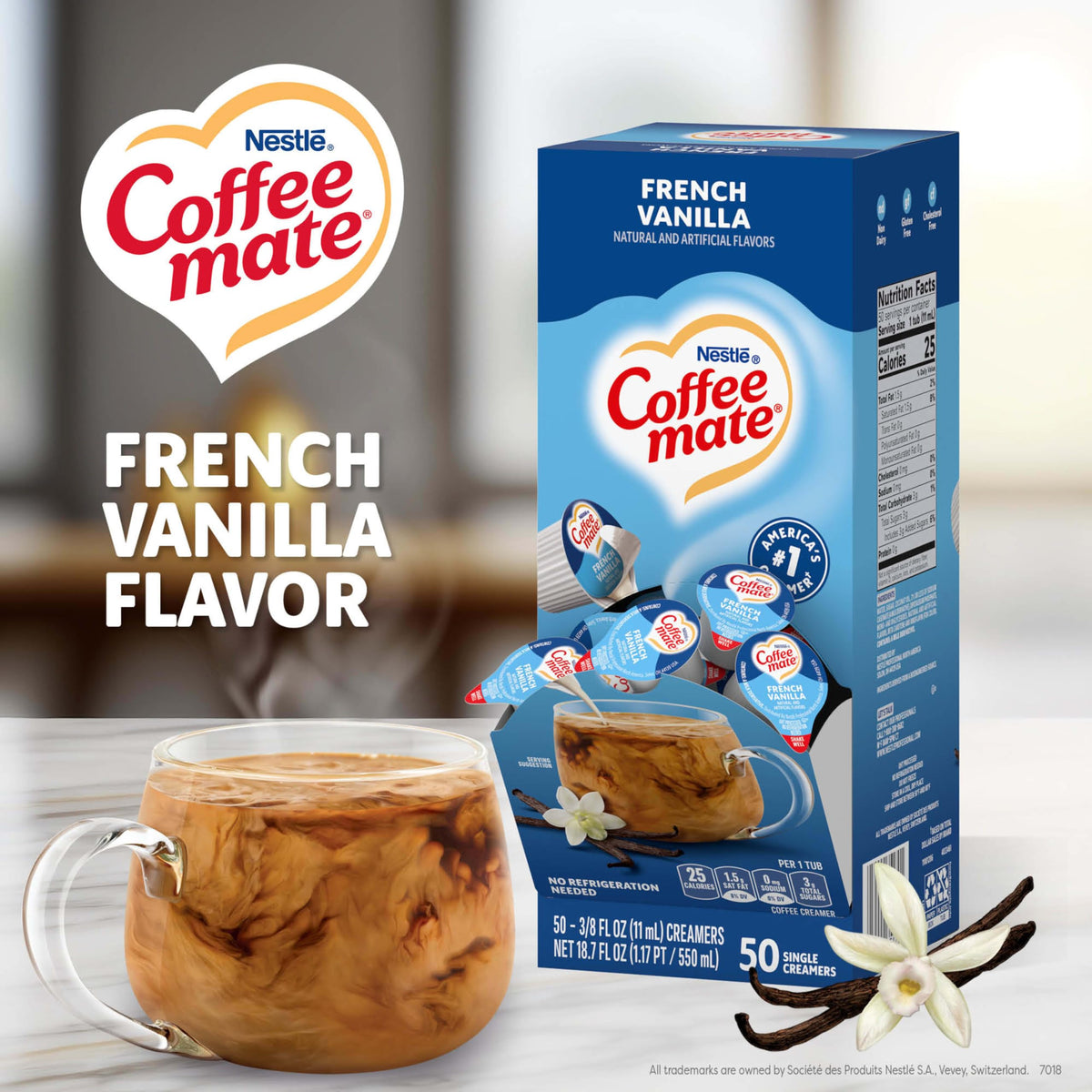 Coffee Mate dispenser box packaging keeps counter neat and organized.