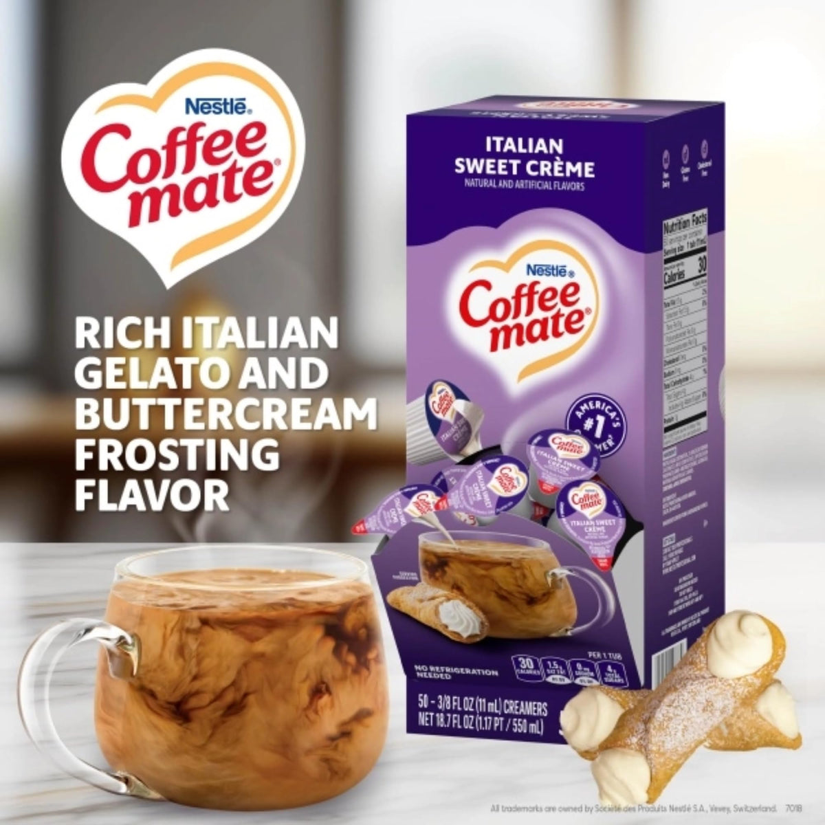 Coffee Mate dispensing box keeps breakroom coffee stocked and convenient.