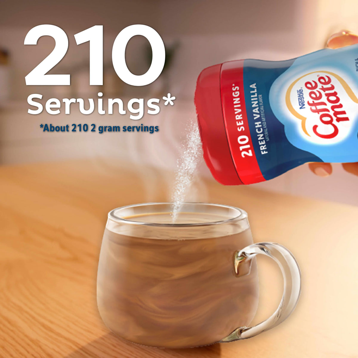 Coffee Mate French Vanilla bottle closeup; smooth flavor boost for a cozy cup.