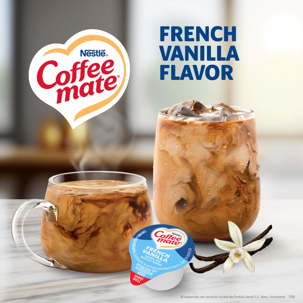 Coffee Mate French Vanilla creamer bulk box side view for stocking shelves