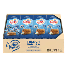 Coffee Mate French Vanilla liquid creamer singles pack for quick office coffee.