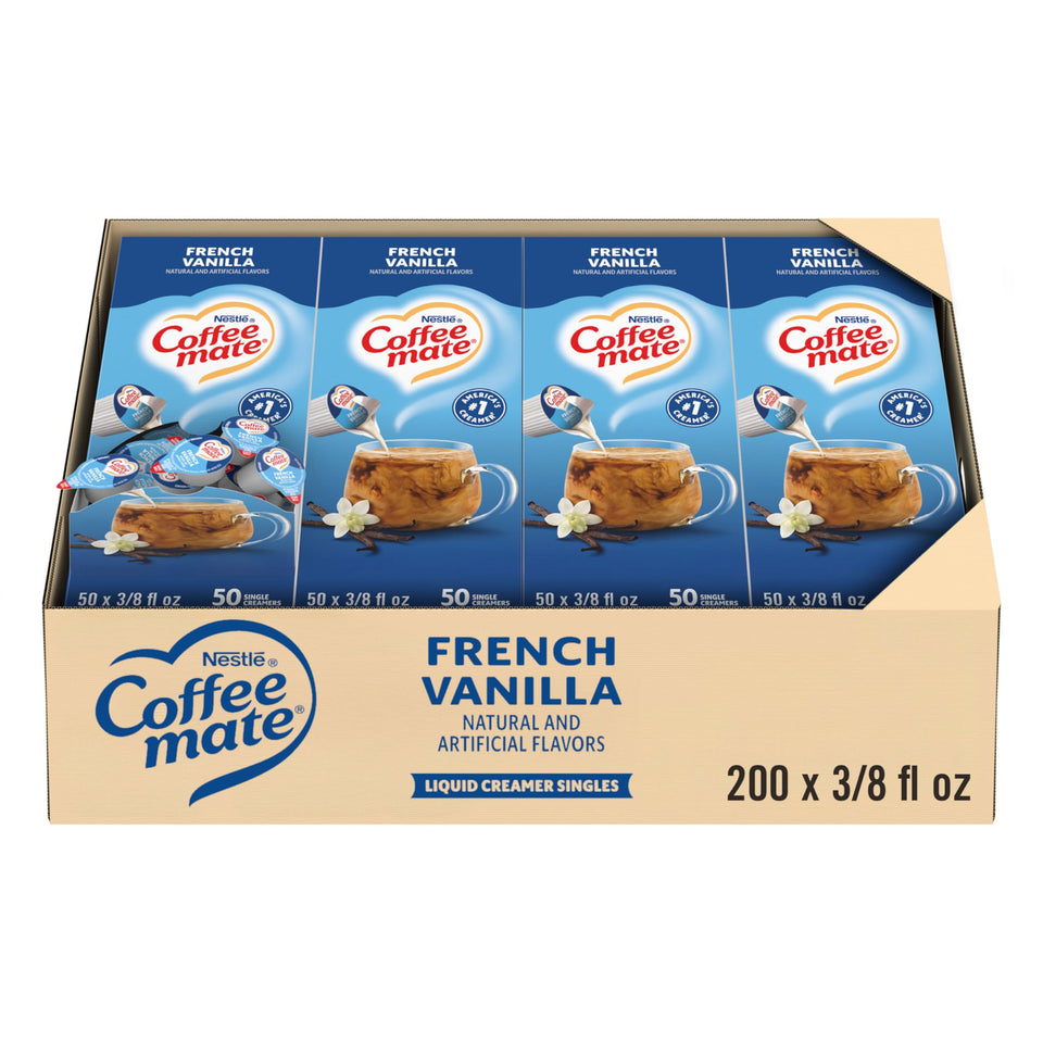 Coffee Mate French Vanilla liquid creamer singles pack for quick office coffee.