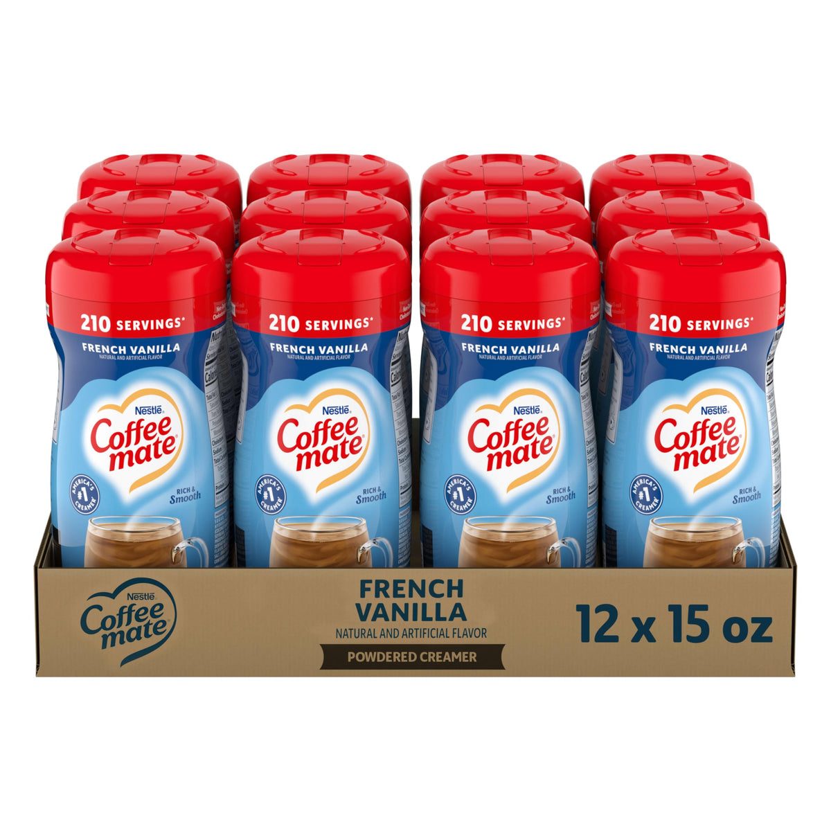 Coffee-mate French Vanilla powder creamer canister enhances coffee with creamy vanilla flavor