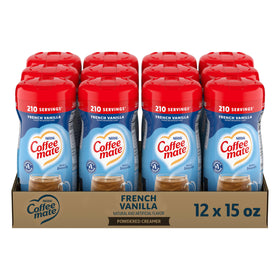 Coffee-mate French Vanilla powder creamer canister enhances coffee with creamy vanilla flavor