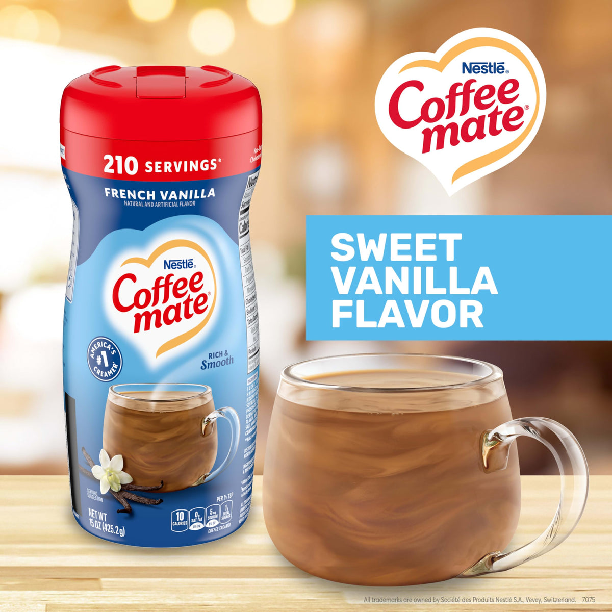 Coffee-mate French Vanilla powder creamer being poured into coffee for quick, smooth flavor
