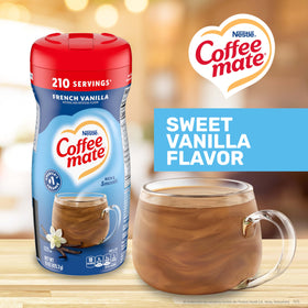 Coffee-mate French Vanilla powder creamer being poured into coffee for quick, smooth flavor