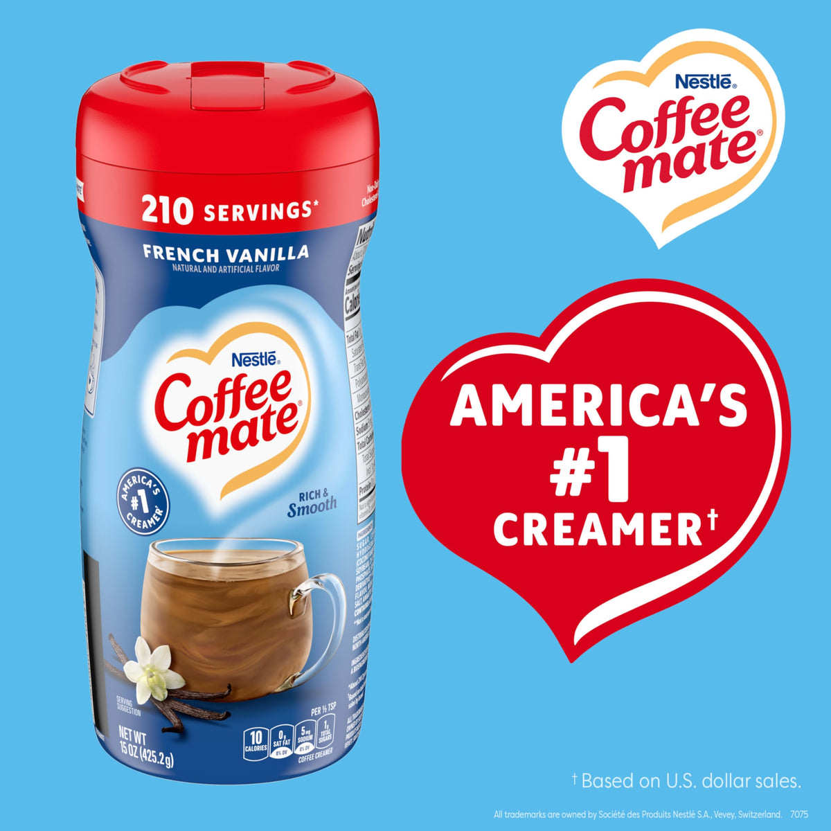 Coffee-mate French Vanilla powder creamer stirred into coffee for creamy texture