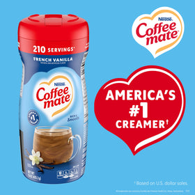 Coffee-mate French Vanilla powder creamer stirred into coffee for creamy texture