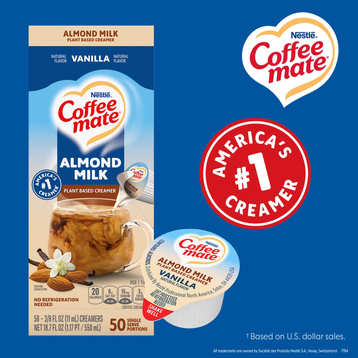 Coffee Mate almond milk creamer tub helps guests enjoy vegan flavor.