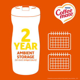 Coffee Mate Hazelnut label close-up highlighting shelf-stable flavor.
